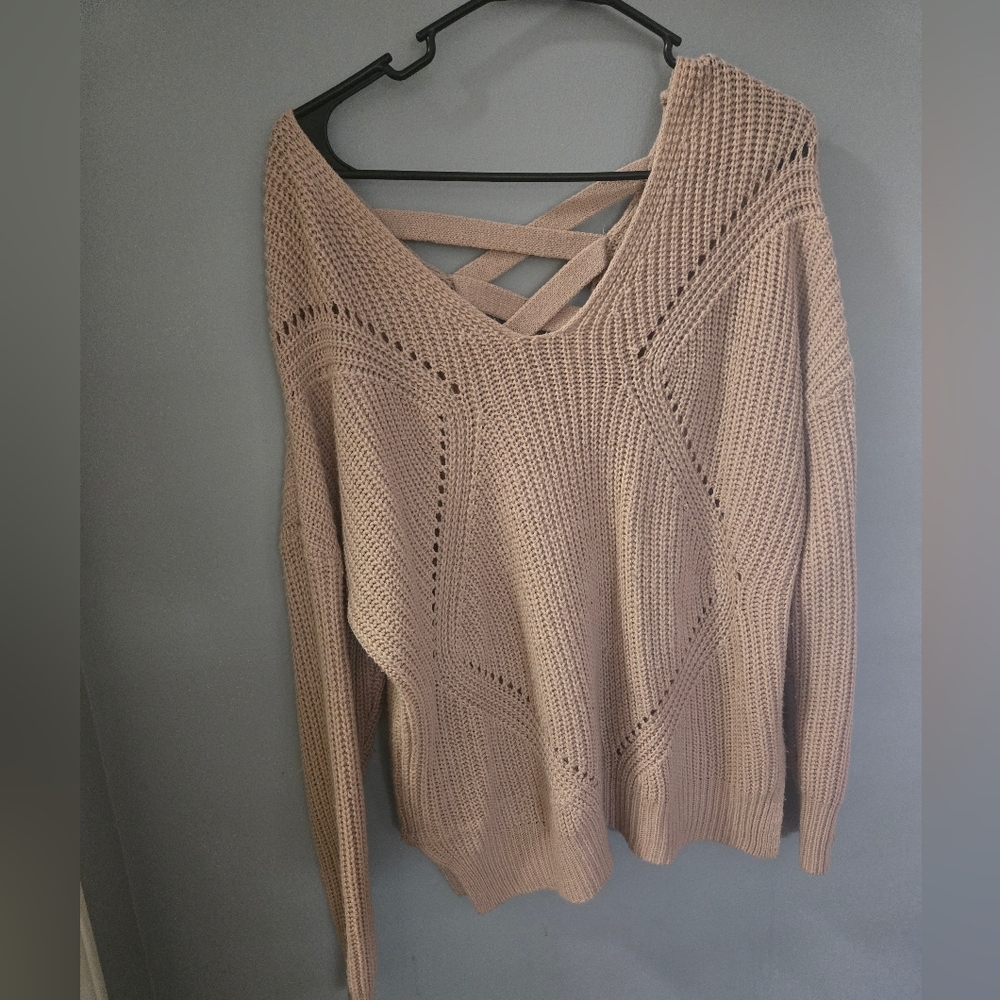Large V-Neck Sweater in Tan/pink with Crisscross Detail On Back Cozy Fit Knit